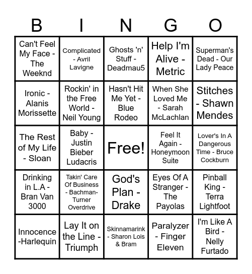 Canadian Hits Bingo Card