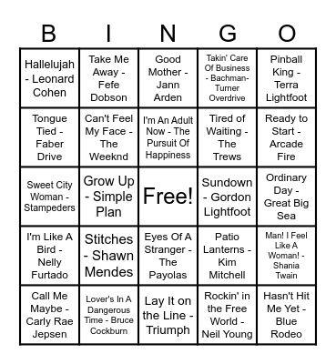 Canadian Hits Bingo Card