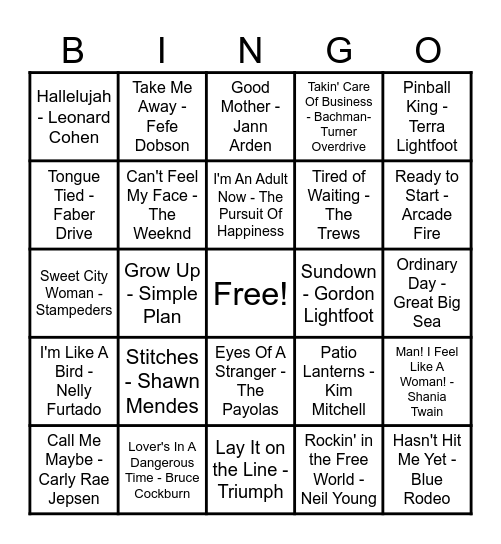 Canadian Hits Bingo Card