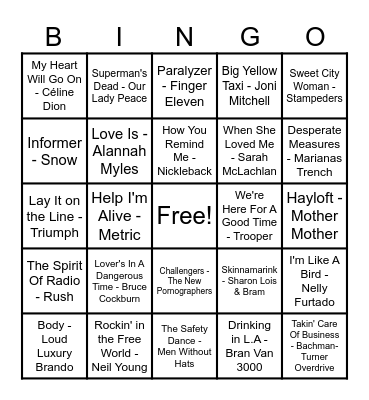 Canadian Hits Bingo Card