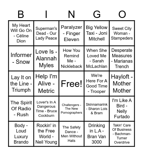 Canadian Hits Bingo Card
