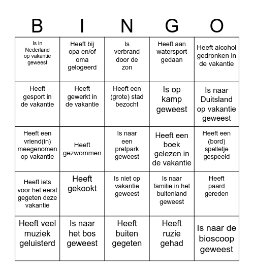 Zomervakantie Bingo Card