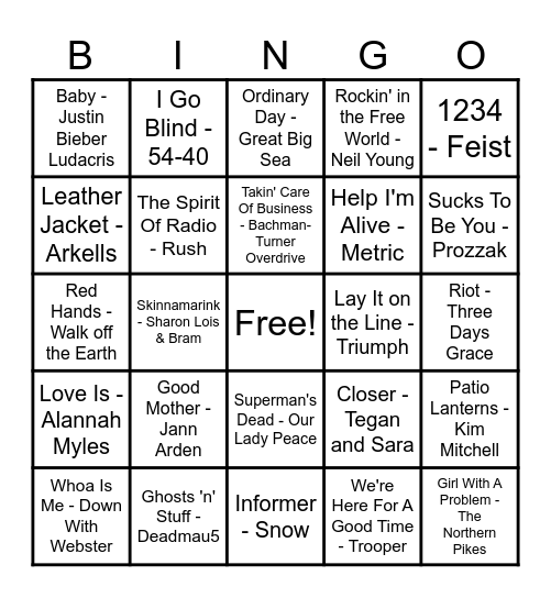 Canadian Hits Bingo Card