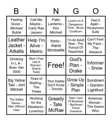 Canadian Hits Bingo Card
