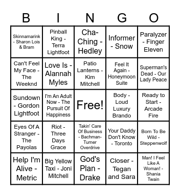 Canadian Hits Bingo Card