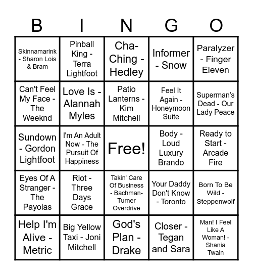 Canadian Hits Bingo Card