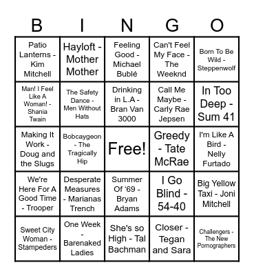 Canadian Hits Bingo Card