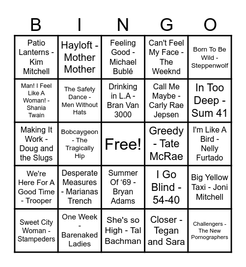 Canadian Hits Bingo Card