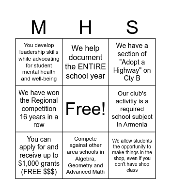 MHS Clubs Bingo #1 Bingo Card