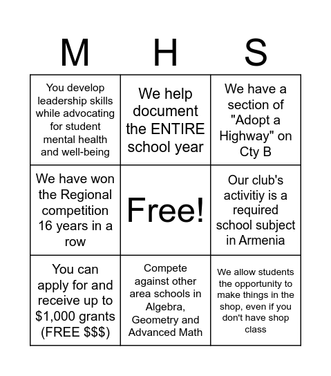 MHS Clubs Bingo #1 Bingo Card