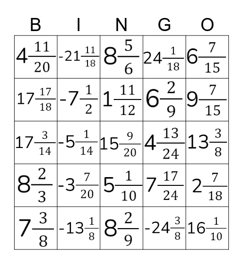 Add/Subtract +/- Fractions Bingo Card