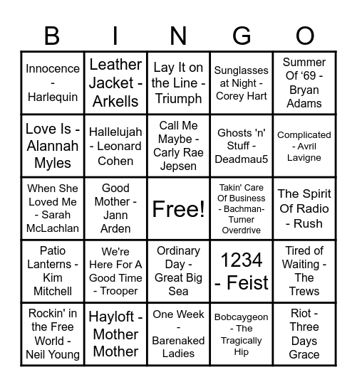 Canadian Hits Bingo Card