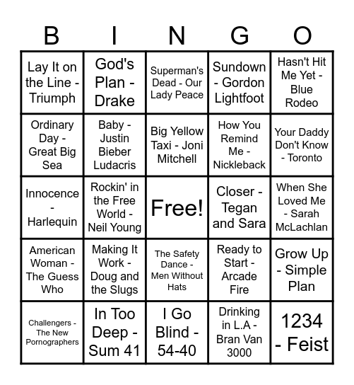 Canadian Hits Bingo Card