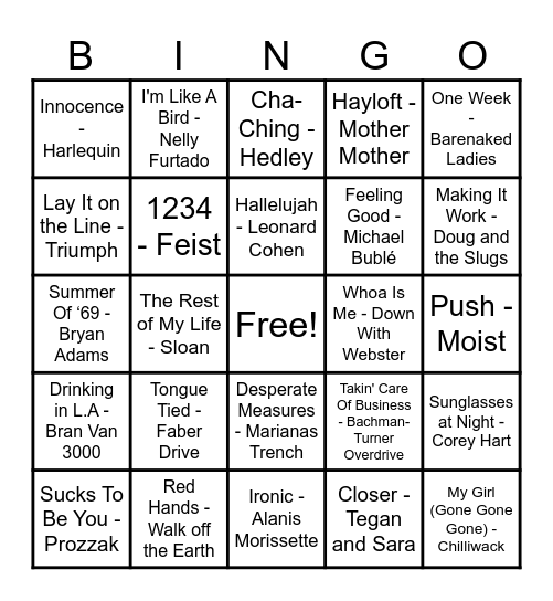 Canadian Hits Bingo Card