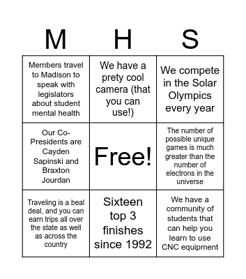 MHS Clubs Bingo #2 Bingo Card