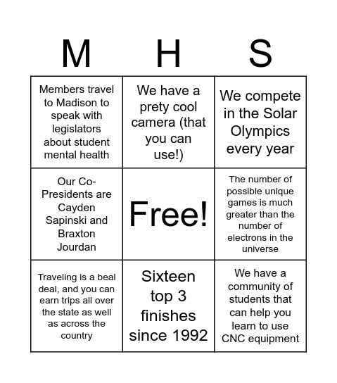 MHS Clubs Bingo #2 Bingo Card