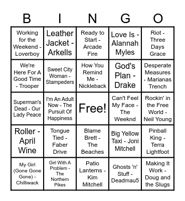 Canadian Hits Bingo Card