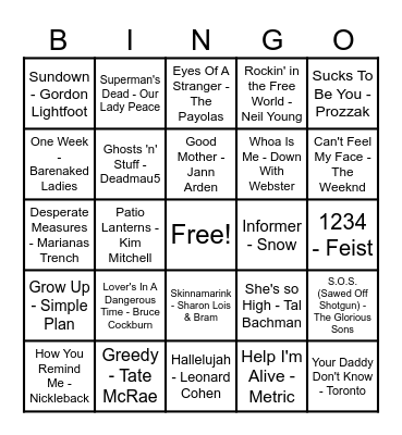 Canadian Hits Bingo Card