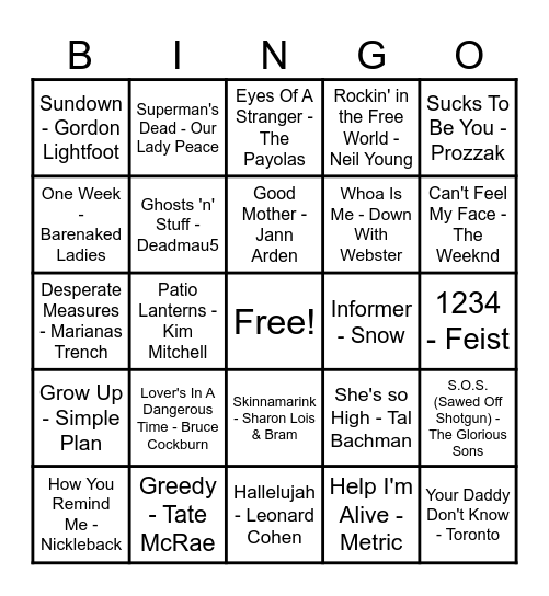 Canadian Hits Bingo Card