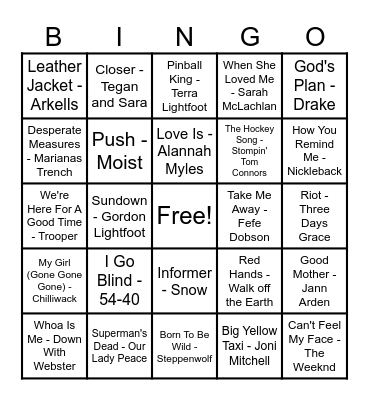 Canadian Hits Bingo Card