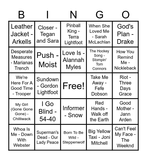 Canadian Hits Bingo Card