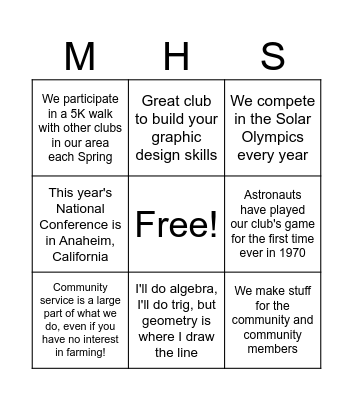 MHS Clubs Bingo #3 Bingo Card