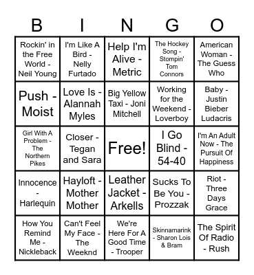 Canadian Hits Bingo Card
