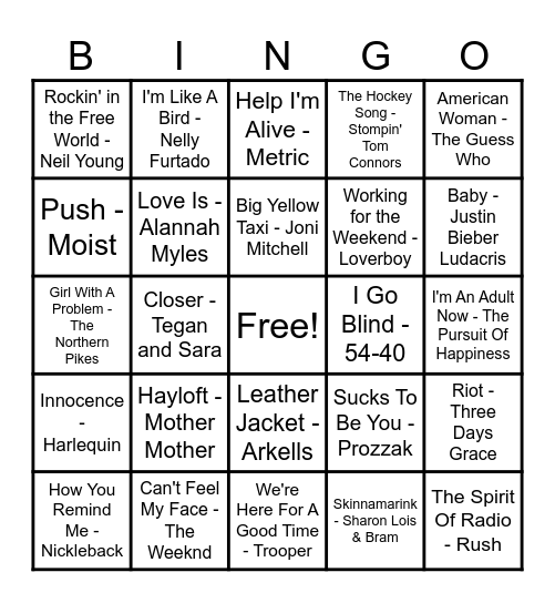 Canadian Hits Bingo Card