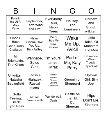 ResLife Music Bingo Card