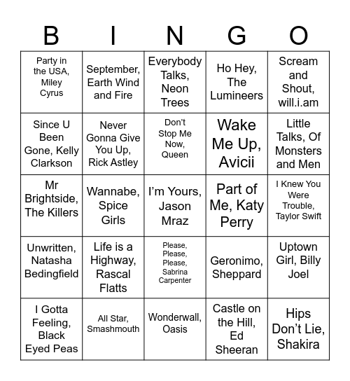 ResLife Music Bingo Card
