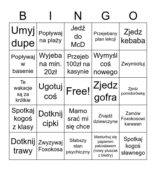 Wakacje Bingo Card