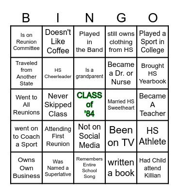 Class of '84 Reunion Bingo Card