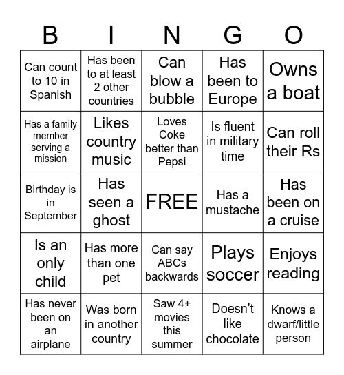 Get to Know You Bingo Card