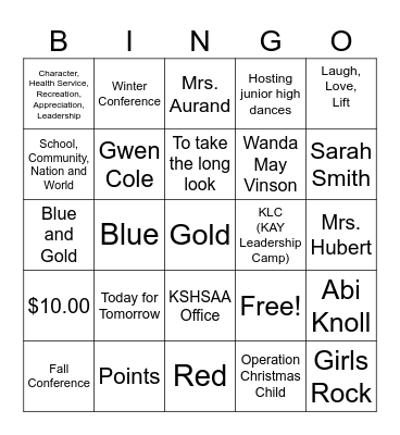 RCHS KAY Club Bingo Card