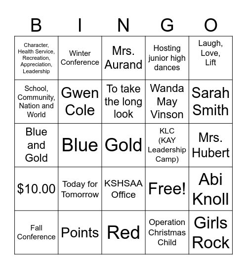 RCHS KAY Club Bingo Card