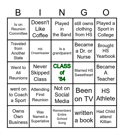 Class of '84 Reunion Bingo Card