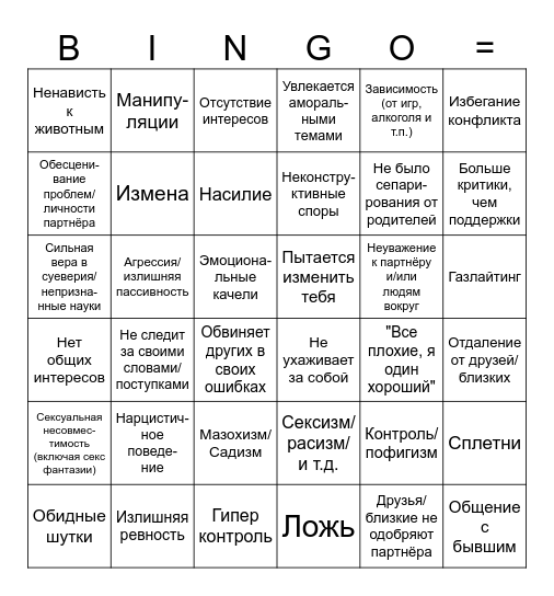 Красные флаги (Red Flag) Bingo Card