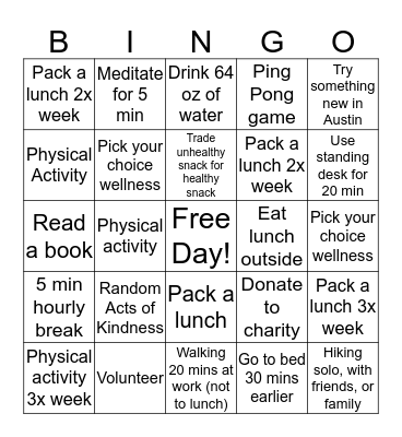 Camp Headspring Wellness:  Bingo Card