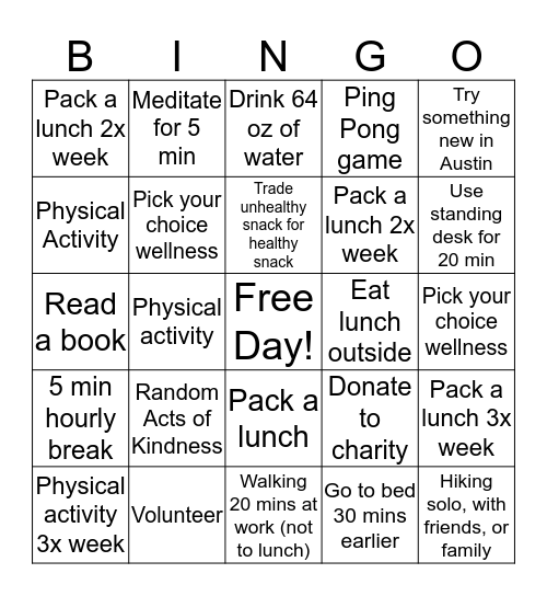 Camp Headspring Wellness:  Bingo Card