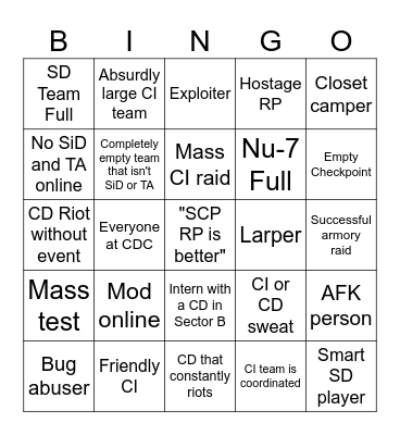 Site 17 Bingo Card