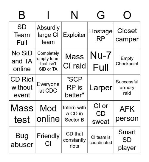 Site 17 Bingo Card