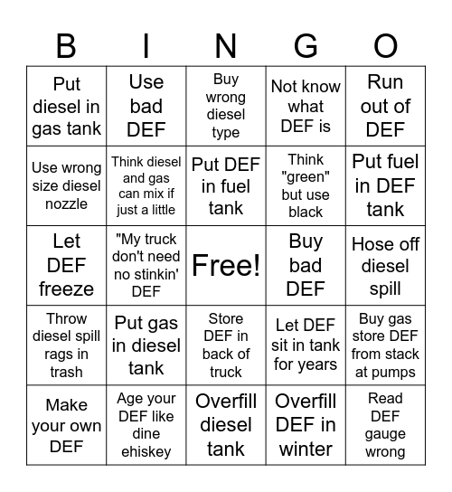 Diesel Mishap Bingo Card