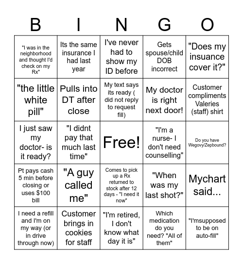 Retail Pharmacy Bingo Card