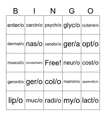 Medical Root Words Bingo Card