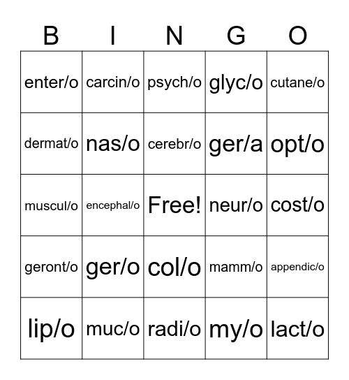 Medical Root Words Bingo Card