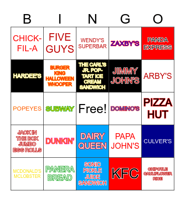 Fast Food Bingo Card