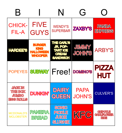 Fast Food Bingo Card