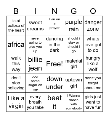 80's music Bingo Card