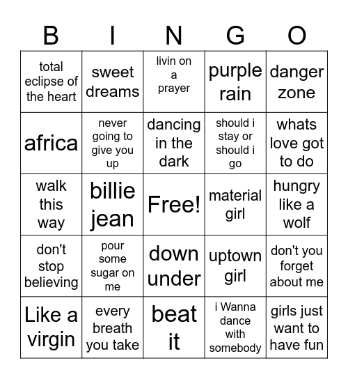 80's music Bingo Card