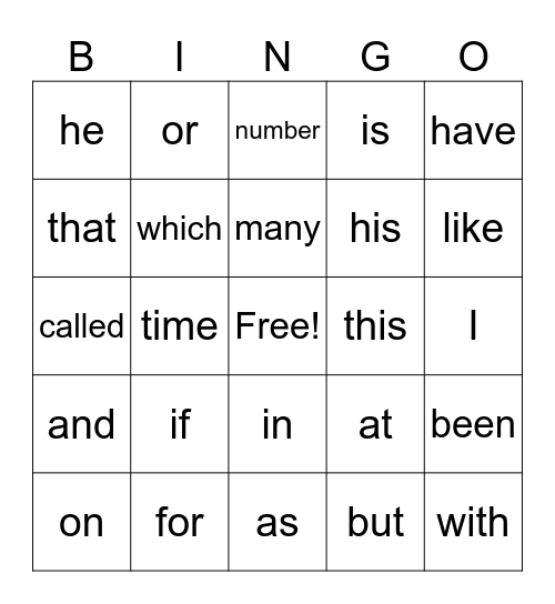 Fry Words - Bingo Card